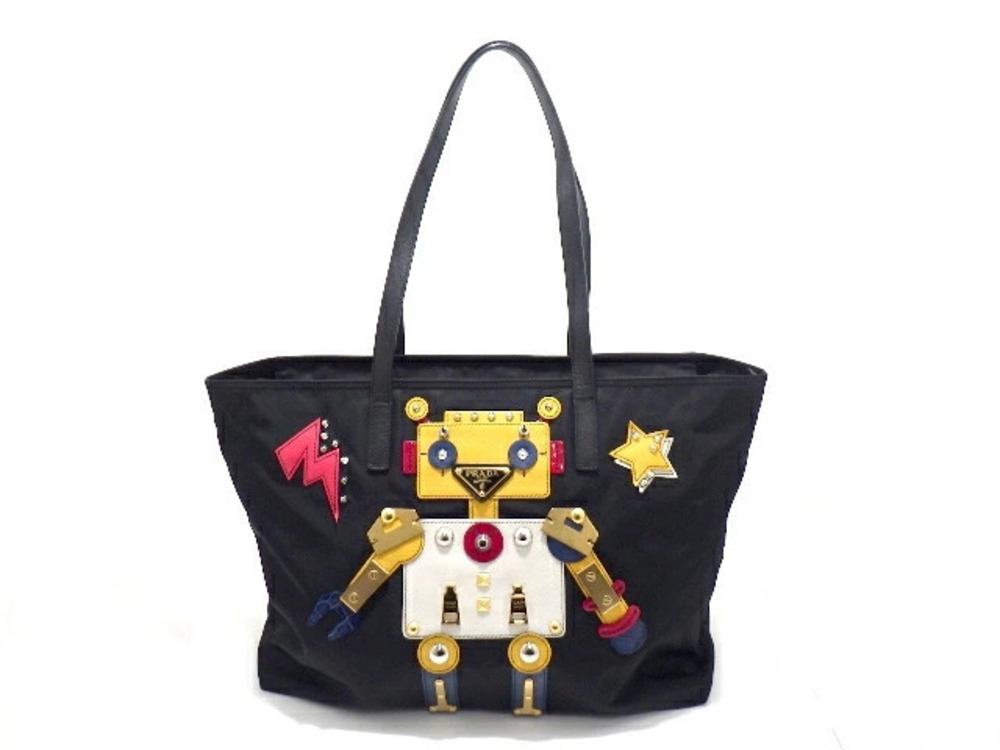 Prada Tote Tessuto Saffiano Bag Robot Applique Leather Black Mimosa Yellow
